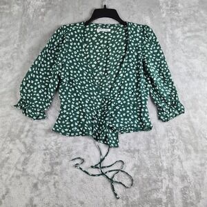 Reformation‎ Emma Wrap Top Womens Medium Green Floral Cropped 3/4 Sleeve Boho